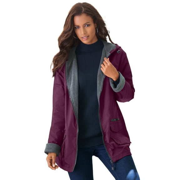 Roaman's Women's Plus Size Hooded All-Weather Jacket Fleece Lining Rain Coat