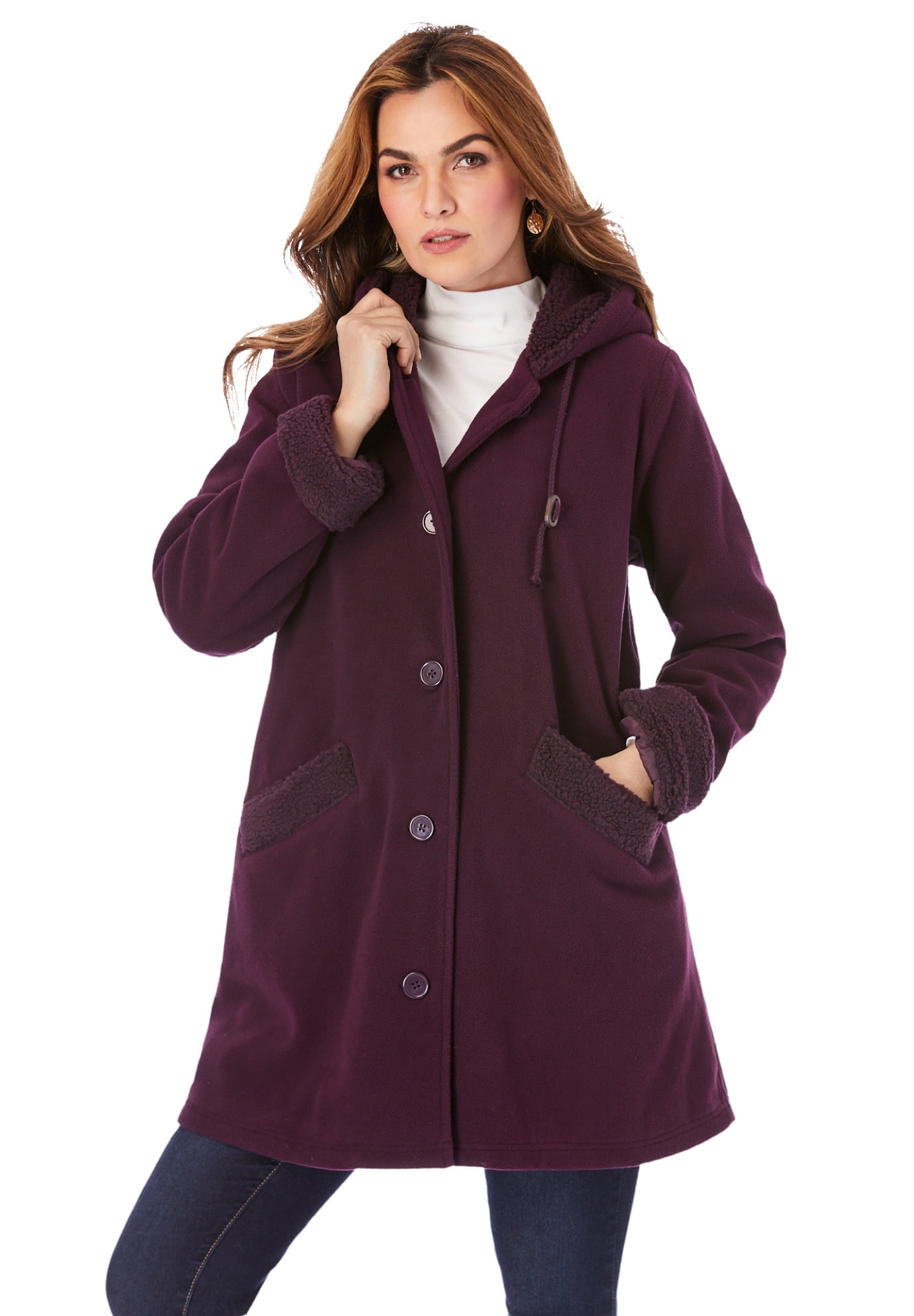 Roaman's Women's Plus Size Hooded Button-Front Fleece Coat - Walmart.com