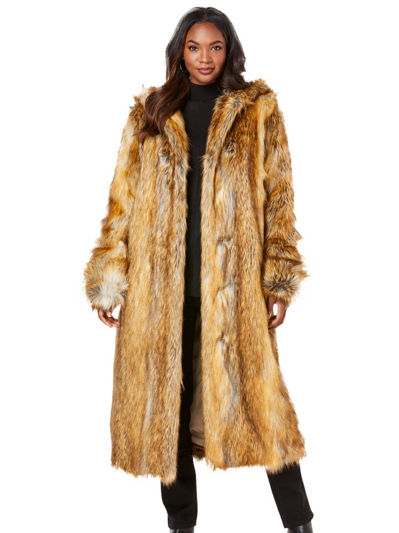 Roaman's Women's Plus Size Hooded Faux Fur Coat - Walmart.com