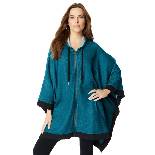 Roaman's Women's Plus Size Hooded Zip Poncho Hoodie
