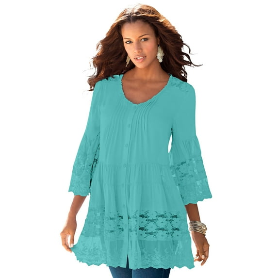 Roaman's Women's Plus Size Illusion Lace Big Shirt