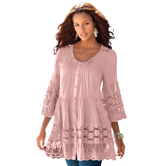 Roaman's Women's Plus Size Lace Illusion Blouse