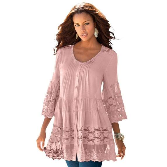 Roaman's Women's Plus Size Lace Illusion Blouse