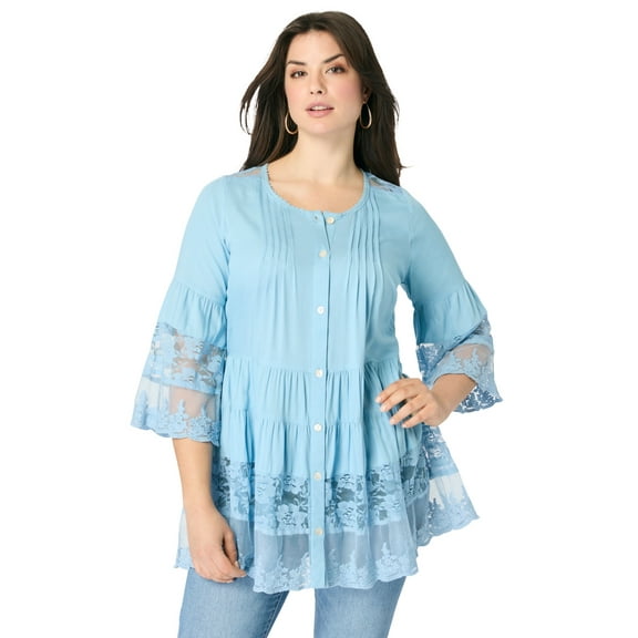 Roaman's Women's Plus Size Lace Illusion Blouse