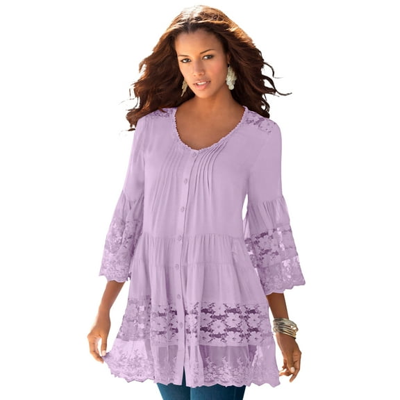 Roaman's Women's Plus Size Lace Illusion Blouse