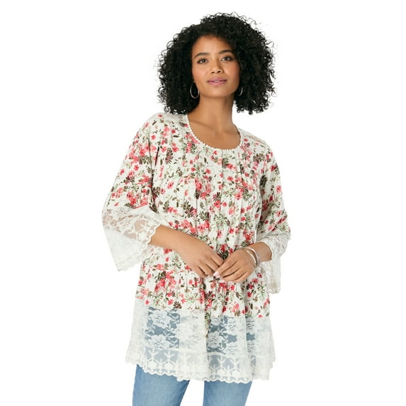 Roaman's Women's Plus Size Lace Illusion Blouse