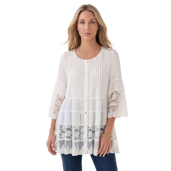 Roaman's Women's Plus Size Lace Illusion Blouse