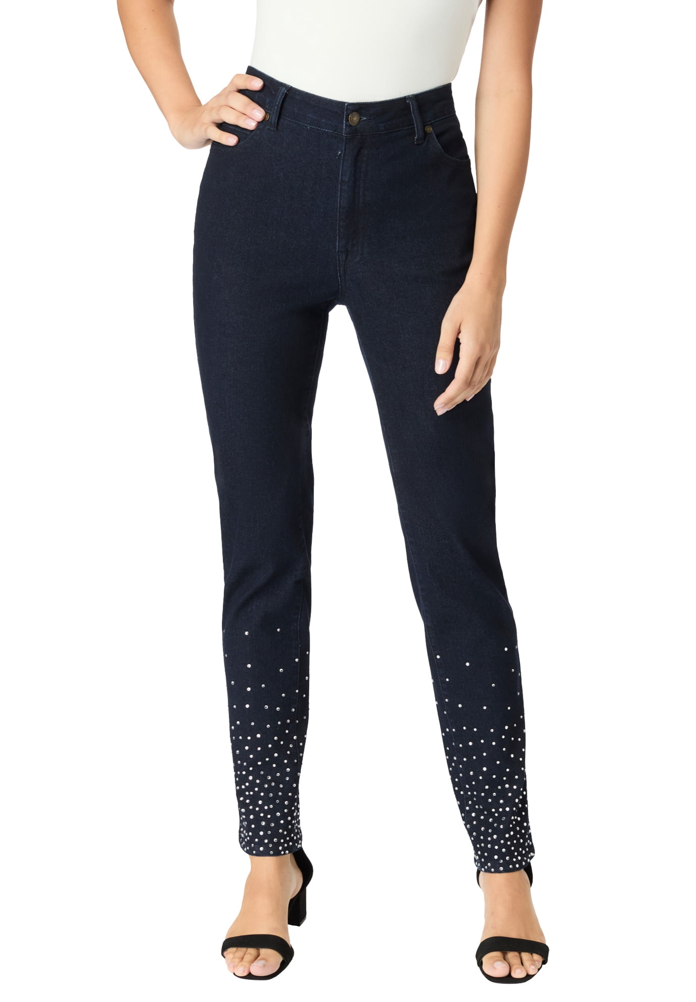 Roaman's Women's Plus Size Invisible Stretch Embellished Straight-Leg ...