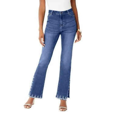Roaman's Women's Plus Size Invisible Stretch Rhinestone-Detail Split Flare-Leg Jean