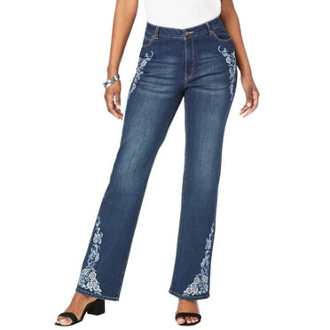 Roaman's Women's Plus Size Invisible Stretch Two-Tone Embroidered Bootcut Jeans
