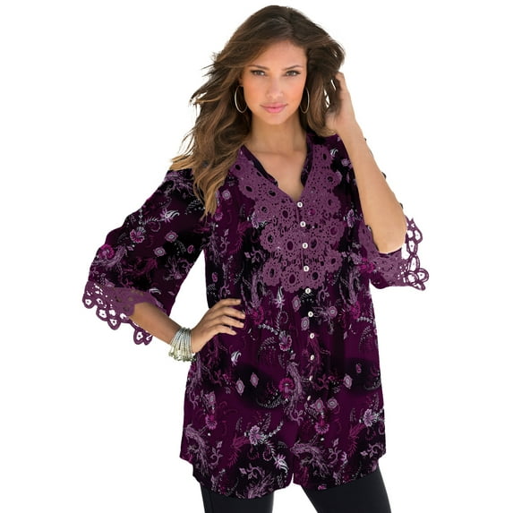Roaman's Women's Plus Size Juliet Lace Trim Button-Down Shirt