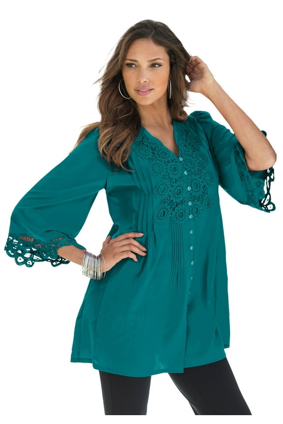Women's Plus Size Juliet Lace Trim Button-Down Shirt
