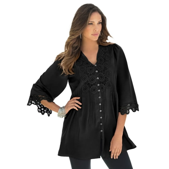 Roaman's Women's Plus Size Juliet Lace Trim Button-Down Shirt