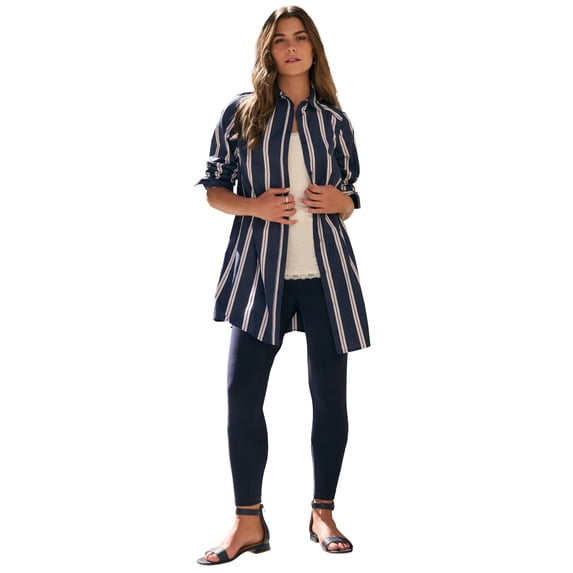 Roaman's Women's Plus Size Kate Long-Sleeve Crisp Cotton-Blend Button-Front Tunic