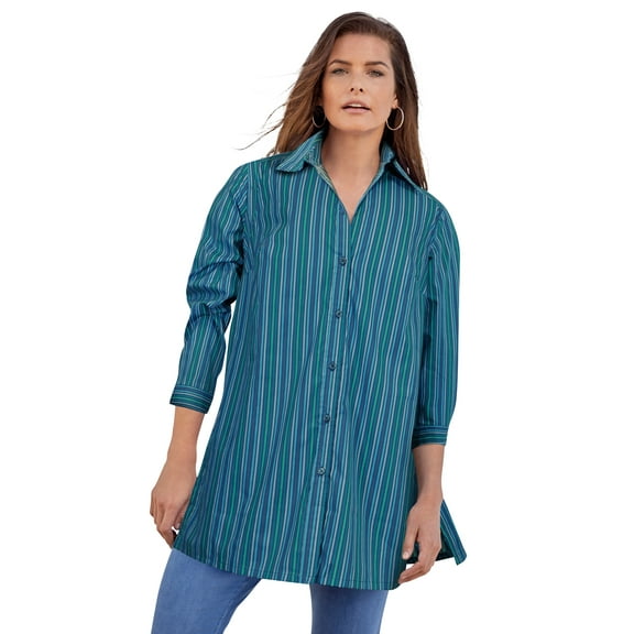 Roaman's Women's Plus Size Kate Long-Sleeve Crisp Cotton-Blend Button-Front Tunic