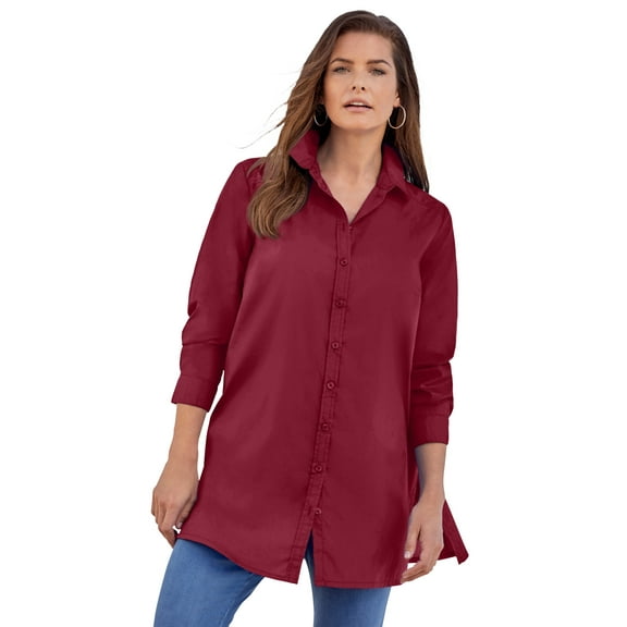 Roaman's Women's Plus Size Kate Long-Sleeve Crisp Cotton-Blend Button-Front Tunic