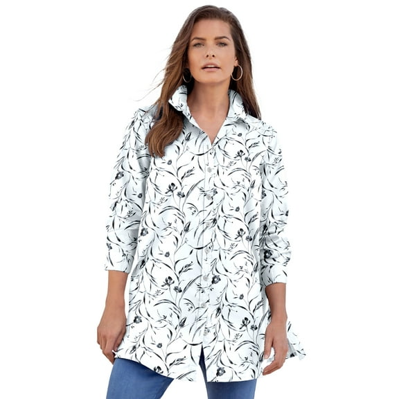 Roaman's Women's Plus Size Kate Long-Sleeve Crisp Cotton-Blend Button-Front Tunic