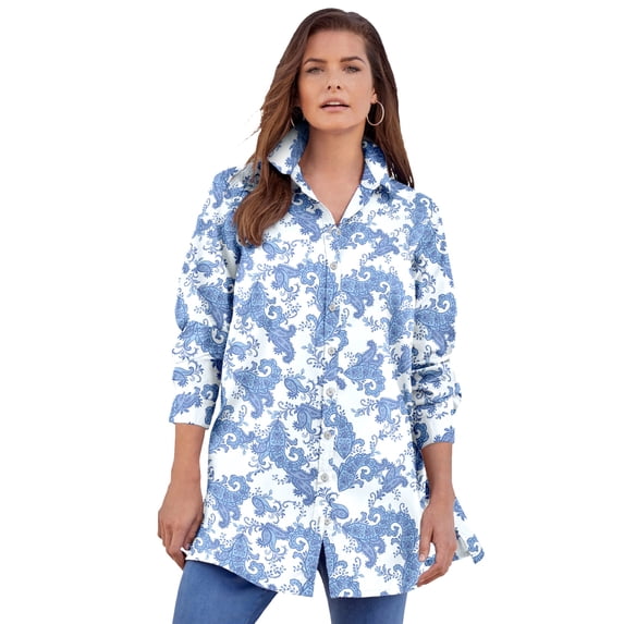 Roaman's Women's Plus Size Kate Long-Sleeve Crisp Cotton-Blend Button-Front Tunic