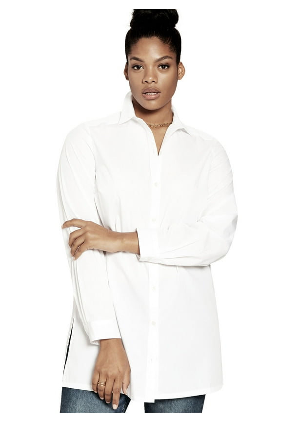 Women's Plus Size Kate Long-Sleeve Crisp Cotton-Blend Button-Front Tunic