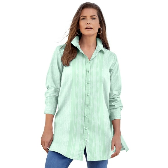 Roaman's Women's Plus Size Kate Long-Sleeve Crisp Cotton-Blend Button-Front Tunic