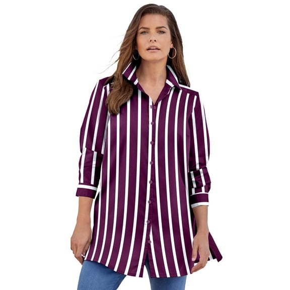 Roaman's Women's Plus Size Kate Long-Sleeve Crisp Cotton-Blend Button-Front Tunic