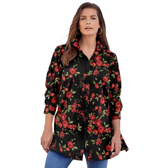 Roaman's Women's Plus Size Kate Long-Sleeve Crisp Cotton-Blend Button-Front Tunic