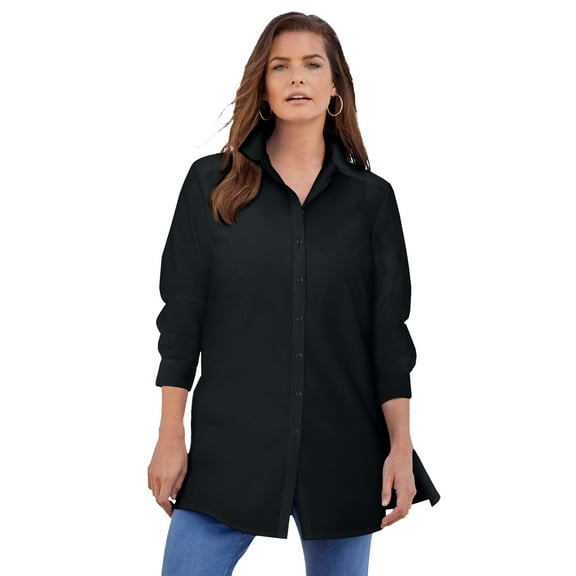 Roaman's Women's Plus Size Kate Long-Sleeve Crisp Cotton-Blend Button-Front Tunic