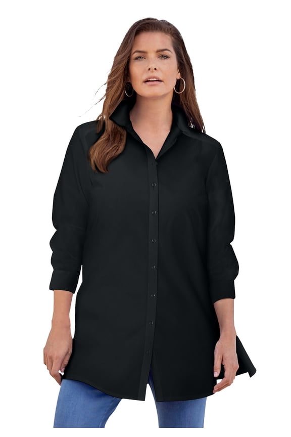 Women's Plus Size Kate Long-Sleeve Crisp Cotton-Blend Button-Front Tunic