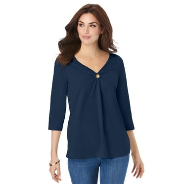 Roaman's Women's Plus Size Keyhole V Neck Ultimate Tee