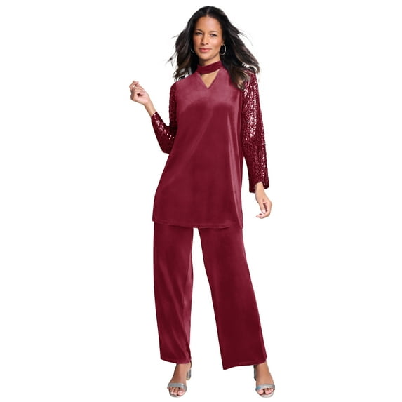 Roaman's Women's Plus Size Keyhole Velour Pant Set.