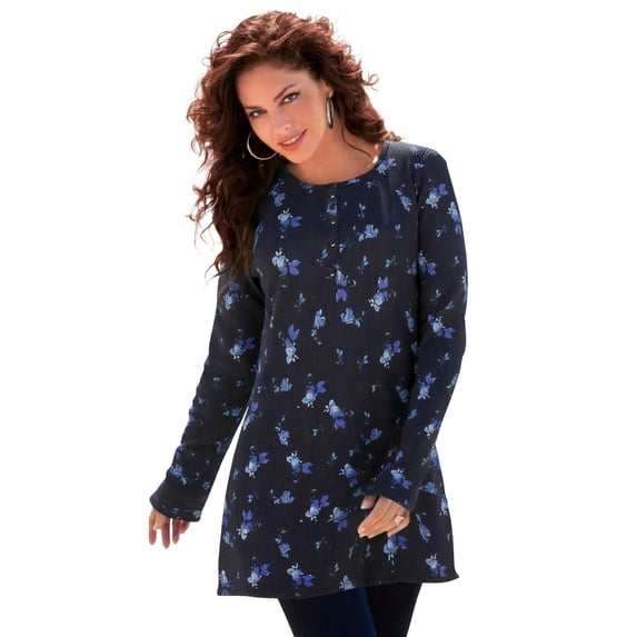 Roaman's Women's Plus Size Knit Thermal Henley Top – Long Sleeve