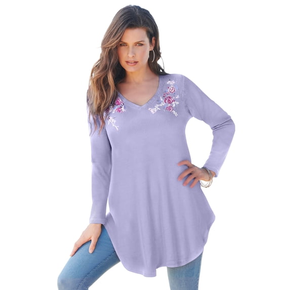 Roaman's Women's Plus Size Knit Thermal V Neck Swing Tunic – Long Sleeve