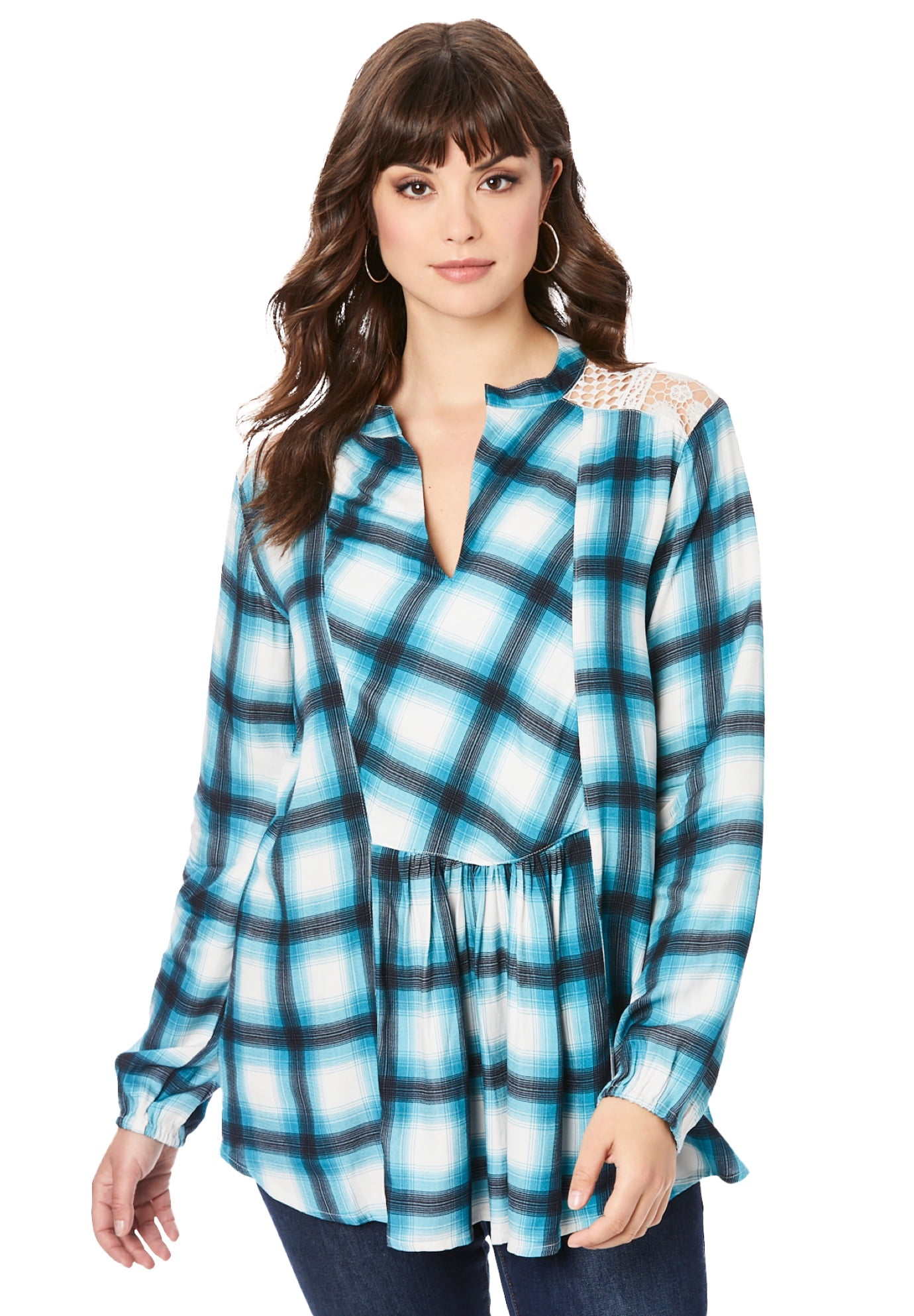 Roaman's Women's Plus Size Lace-Back Plaid Big Shirt - Walmart.com