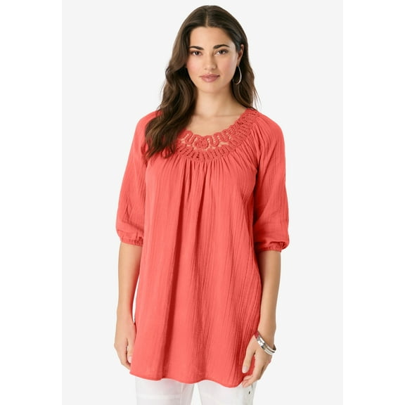 Roaman's Women's Plus Size Lace Trim Popover Blouse