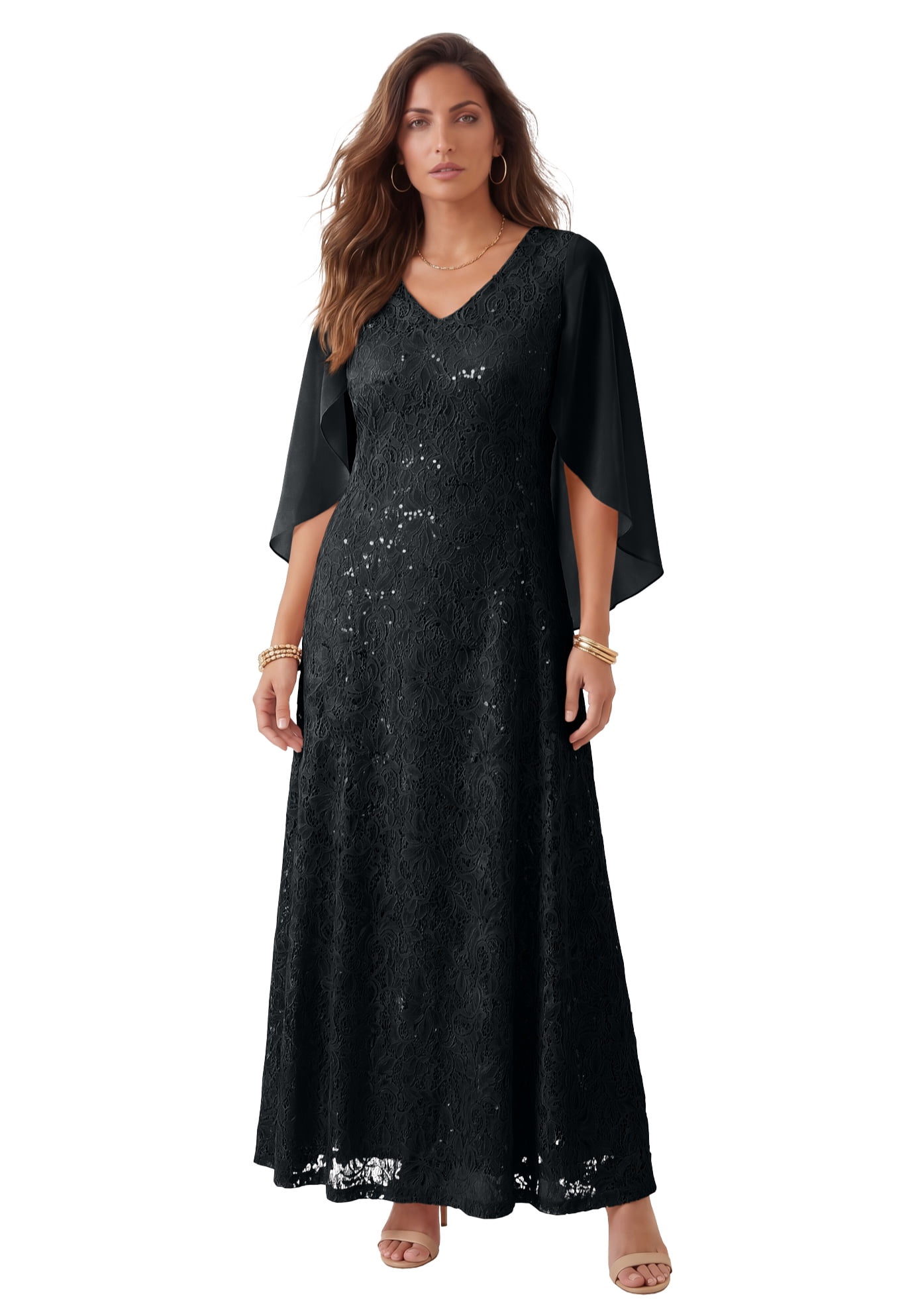 romans plus size formal dresses Roaman's Women's Plus-Size Allover Lace Gown With Capelet Do not bleach