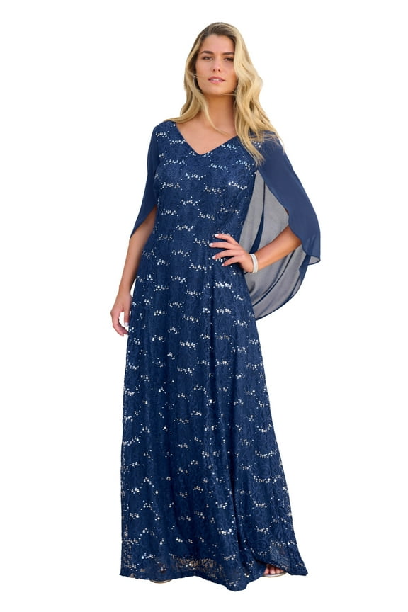 Women's Plus Size Plus-Size Allover Lace Gown With Capelet
