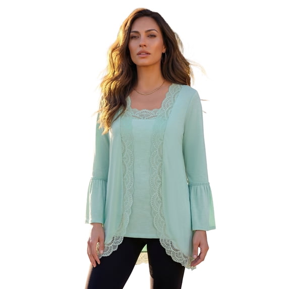 Roaman's Women's Plus Size Lace-Detailed Cardigan And Tank Set