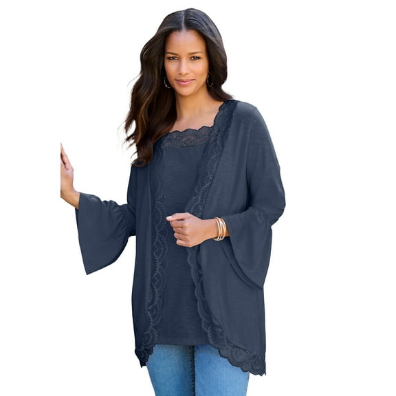 Roaman's Women's Plus Size Lace-Detailed Cardigan And Tank Set