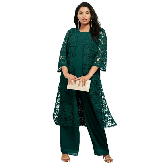 Roaman's Women's Plus Size 3-Piece Allover Lace Duster Pant Set – Formal Wear