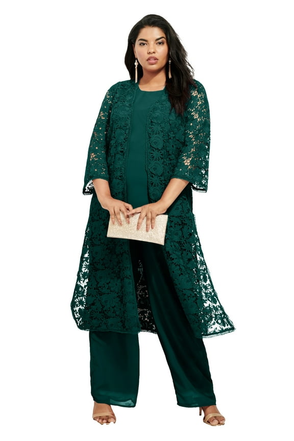 Women's Plus Size Petite Plus Size 3-Piece Allover Lace Duster Pant Set – Formal Wear