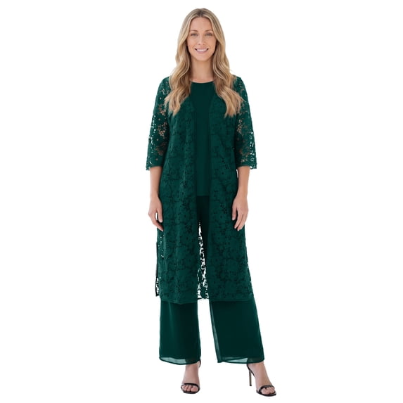 Roaman's Women's Plus Size Petite Plus Size 3-Piece Allover Lace Duster Pant Set – Formal Wear