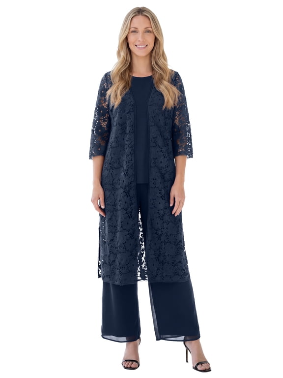 Women's Plus Size 3-Piece Allover Lace Duster Pant Set – Formal Wear