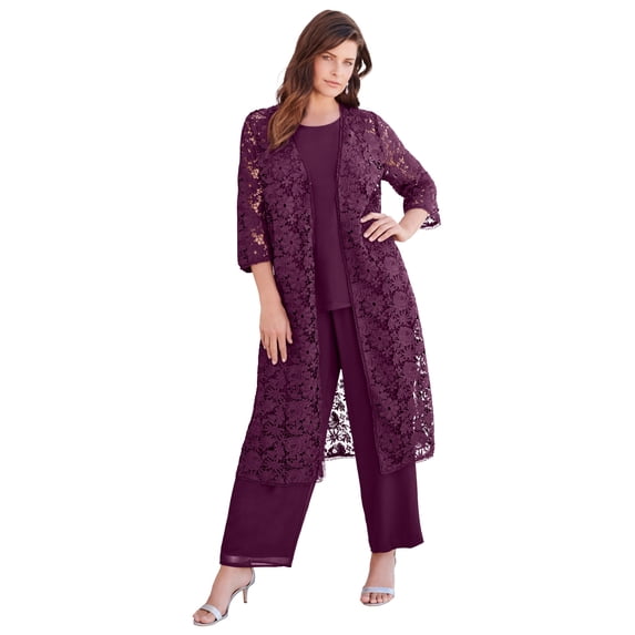 Roaman's Women's Plus Size Petite Plus Size 3-Piece Allover Lace Duster Pant Set – Formal Wear
