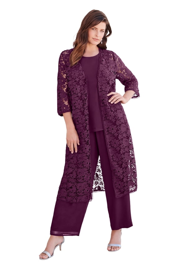 Women's Plus Size 3-Piece Allover Lace Duster Pant Set – Formal Wear