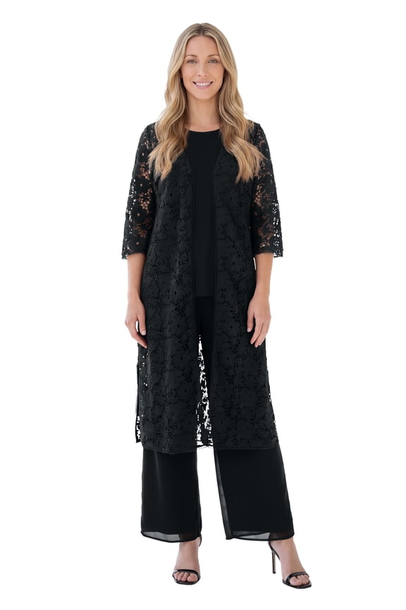 Women's Plus Size Petite Plus Size 3-Piece Allover Lace Duster Pant Set – Formal Wear