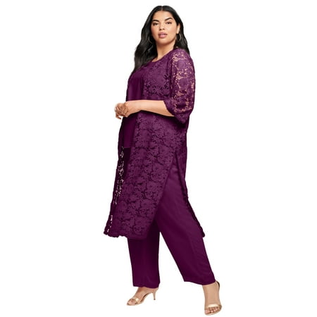Roaman's Women's Plus Size Plus Size 3-Piece Allover Lace Duster Pant Set – Formal Wear