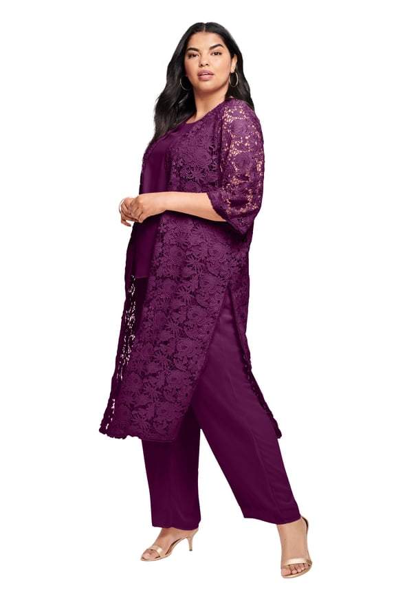 Women's Plus Size Petite Plus Size 3-Piece Allover Lace Duster Pant Set – Formal Wear