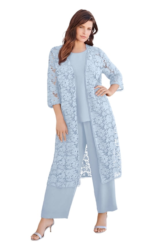 Women's Plus Size 3-Piece Allover Lace Duster Pant Set – Formal Wear