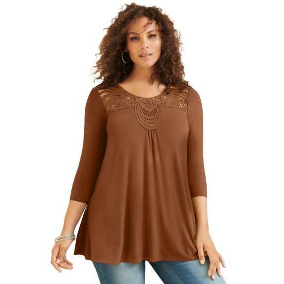 Roaman's Women's Plus Size Lace Embellished Swing Ultra Femme Top