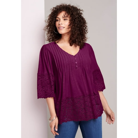 Roaman's Women's Plus Size Lace-Hem Pintuck Tunic